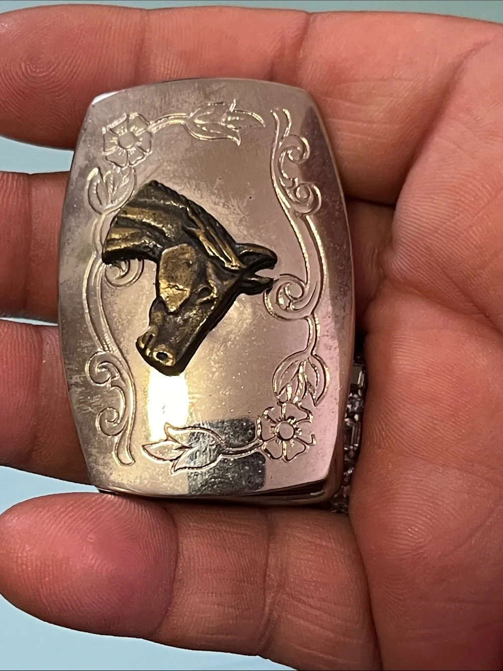 Vintage Rose Gold Belt Buckle with Brass Horse Head